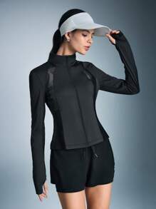 Mesh Splice Sheer Windbreaker, Slim Fit Sports Jacket - Black - View 1