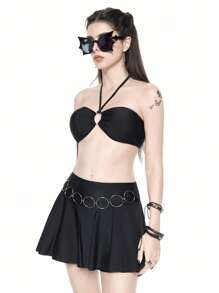 ROMWE Gothic Metal Ring Decor Crop Top Bikini Set And Mini Skirt, For Summer Beach Vacation, Halloween - Black - View 4