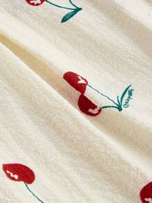 SHEIN MOD 可爱樱桃印花杏色连体裤，前褶抽绳腰带，度假风，乡村风，田园风，海滩度假风，波西米亚风连体裤 - 杏色 - 查看 4