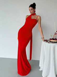 Aloruh 女士优雅性感浪漫情人节露背修身美人鱼细肩带长裙，情人节约会派对红色连衣裙，夏季度假服装 - 紅色 - 查看 2