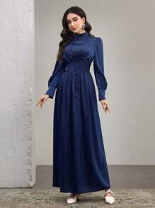 Modelyn Women's Round Neck Ruched Lantern Sleeve 2 In 1 Decorative Button A-Line Dress, Elegant - Blue - View 7