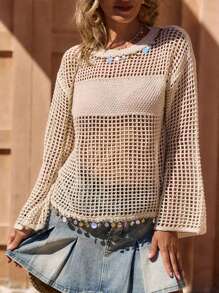 LanaWest Sequined Fringe Western Style Knit Loose Cover Up Sweater For Women Knit Pullover Fall Winter Sweater - Apricot - View 3