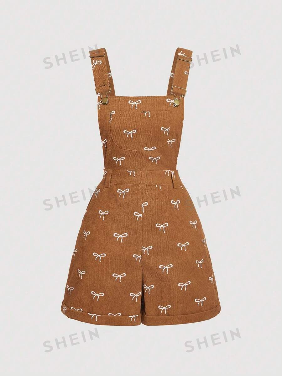 SHEIN MOD Peto lindo con bordado de albaricoque en el bolsillo delantero, peto retro, peto nómada, ropa de vacaciones, ropa de campo