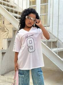 SHEIN Leap Crew Top de manga corta oversize de cuello redondo, de unicolor y con aplicaciones de malla para niñas preadolescentes - Rosa Pálido - Ver 3