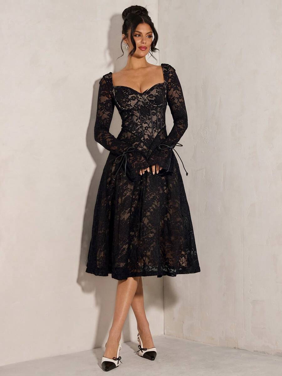 SHEIN BAE Kỳ nghỉ hè đầu xuân đen gợi cảm đơn giản thanh lịch dài tay tutu corset ren váy đơn giản cho nữ, váy ngày lễ tình nhân, váy dự tiệc, váy hẹn hò lãng mạn, váy phù dâu cưới, váy dạ hội, váy đi làm hàng ngày, váy sinh nhật, váy ngày lễ - màu đen - Xem 1