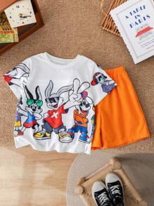 2 paquets Ensemble t-shirt à manches courtes et short imprimé lapin mignon pour jeunes garçons. Décontracté, confortable, mode, simple et pratique. Doux et confortable.