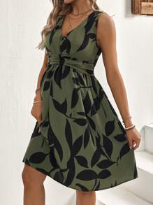 SHEIN Casual V-Neck Ruched Maternity Dress - Army Green - View 5