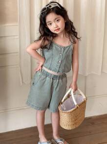 Bộ đồ denim 2 mảnh cho bé gái, mùa thu - Màu xanh lam - Xem 4