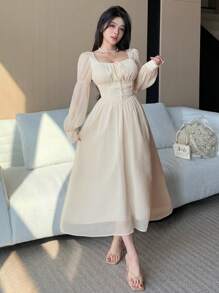 DAZY Women Elegant Wedding Guest Solid Color Square Neck Puff Sleeve Tie-Up Mid-Long Dress, Spring Prom Dress,Fall Dress Long Sleeve Dress