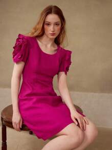 MOTF PREMIUM 100% LINEN STEREO FLORAL SHORT SLEEVE A LINE DRESS, SUMMER DRESS - Hot Pink - View 1