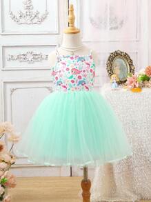 SHEIN Glamorique Kids Young Girl Mermaid Style Mesh Patchwork Princess Dress