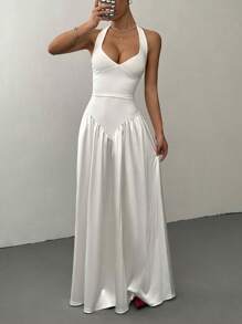 SHEIN Unity 休闲褶皱绑带性感女式长裙 - 白色 - 查看 5