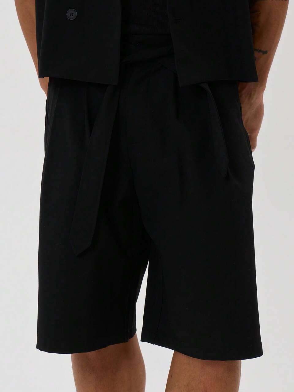 Pleated Straight Leg Longline Belted Shorts