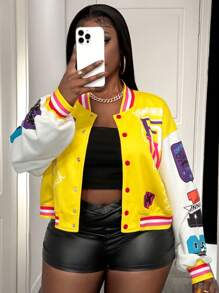 Slaydiva Plus Size Casual Colorblock Crop Baseball Jacket, Printed Blue For Autumn/Winter - Yellow - View 4