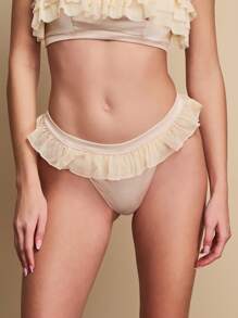 TryMe Women's Satin Mid Rise Thong With Dot Mesh Ruffle Trim - Baby Pink - View 1
