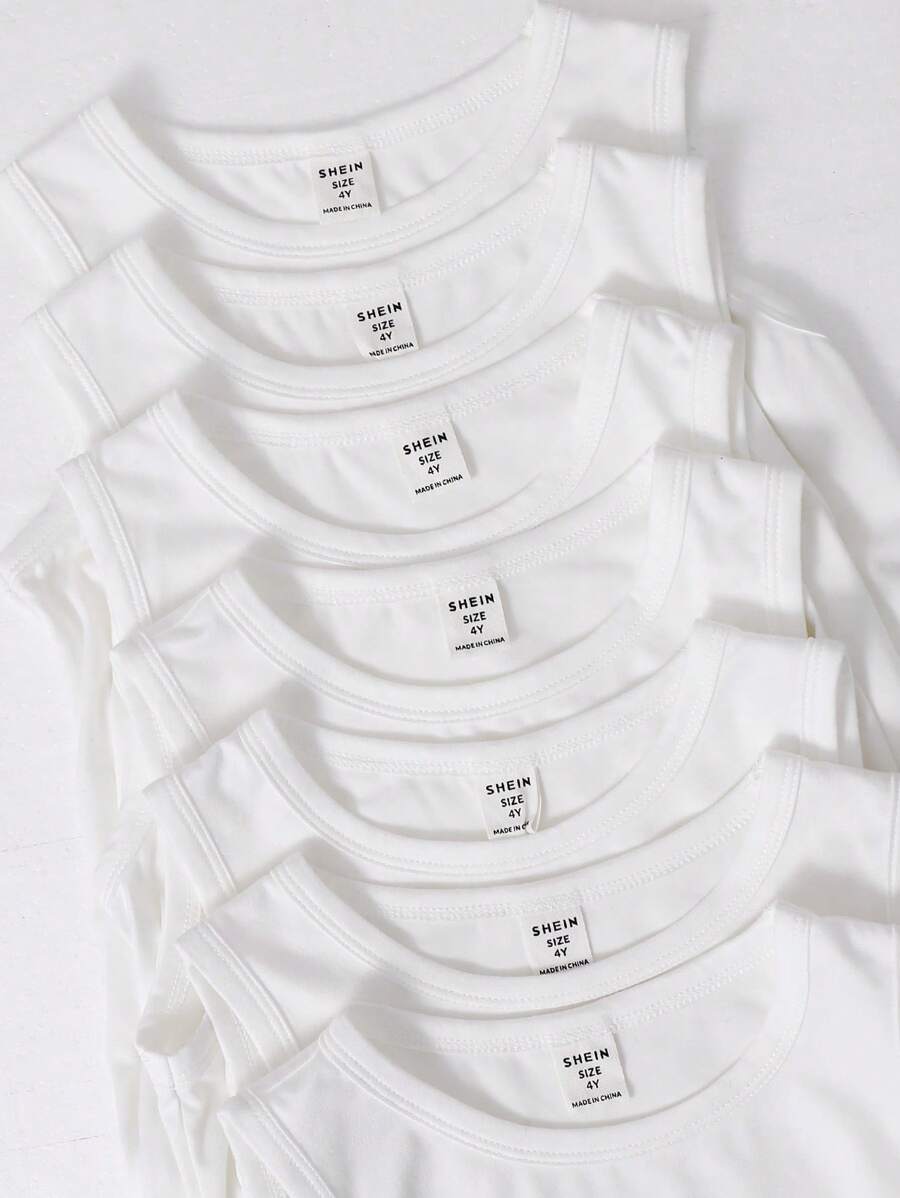 SHEIN 7pcs Young Boy Soft Knit All-Match Versatile White Tank Top Undershirt Multipack Set, Suitable For School, Garden, Beach, Birthday, Spring/Summer/Autumn/Winter