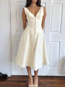 Siren Gaze 女士无袖 V 领低胸前扣 A 字形高腰露背及膝派对俱乐部婚纱 - 杏色 - 查看 4