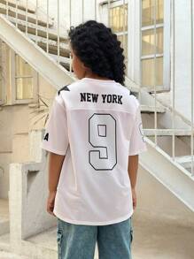SHEIN Leap Crew Top de manga corta oversize de cuello redondo, de unicolor y con aplicaciones de malla para niñas preadolescentes - Rosa Pálido - Ver 2