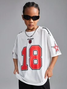 SHEIN Tween Girls Spring/Summer Streetwear Blokecore Football Red Number Letter Print Tee