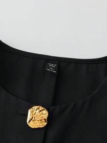 Sweetra Plus Size Solid Color Sleeveless Simple Top And Casual A-Line Skirt Set - Black - View 4