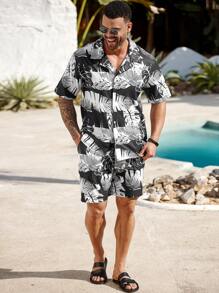 ResortEase Plus Size Men's Tropical Print Short Sleeve Shirt & Shorts 2 Pieces Set, Casual Resort Wear