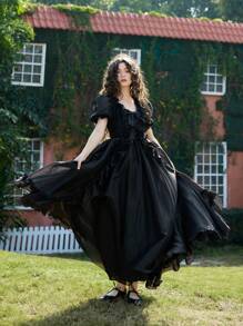 SHEIN MOD 黑色欧根纱梦幻浪漫泡泡公主裙配大蝴蝶装饰，适合约会、正式宫廷、情人节、舞会