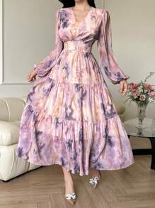 DAZY Women's Tie-Dye Print V-Neck Long Sleeve Ruffle Hem Elegant Dress,Fall Dress Vacation Outfits Women Floral - Purple - View 3