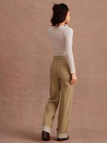 WESTFADE Spring High Rise Loose Fit Straight Leg Cuffed Denim Jeans Western Wear Women - Khaki - View 3