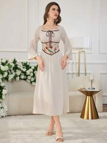 Modelyn Jacquard Patchwork Waistband Off Shoulder Flare Sleeve Dress - Apricot - View 7