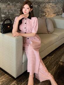 DAZY 2pcs Women Set Contrast Plaid Front Button Blouse And Long Pants Suit