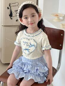 DAZY 2pcs/Set Young Girl Letter Print Ruffle Hem Top And Cake Silhouette Midi Skirt,Girls Summer Outfits - Blue - View 3