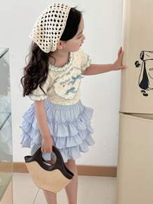 DAZY 2pcs/Set Young Girl Letter Print Ruffle Hem Top And Cake Silhouette Midi Skirt,Girls Summer Outfits - Blue - View 5