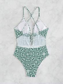 Swim Chiccia Springbreak Women's Random Print Ruched Strap Hollow-Out One-Piece Swimsuit For Summer Beach Vacation - Green - View 2