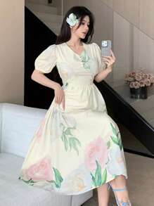 DAZY 1 pieza Vestido suelto de manga abullonada con escote en V y estampado floral para mujer - Albaricoque - Ver 1