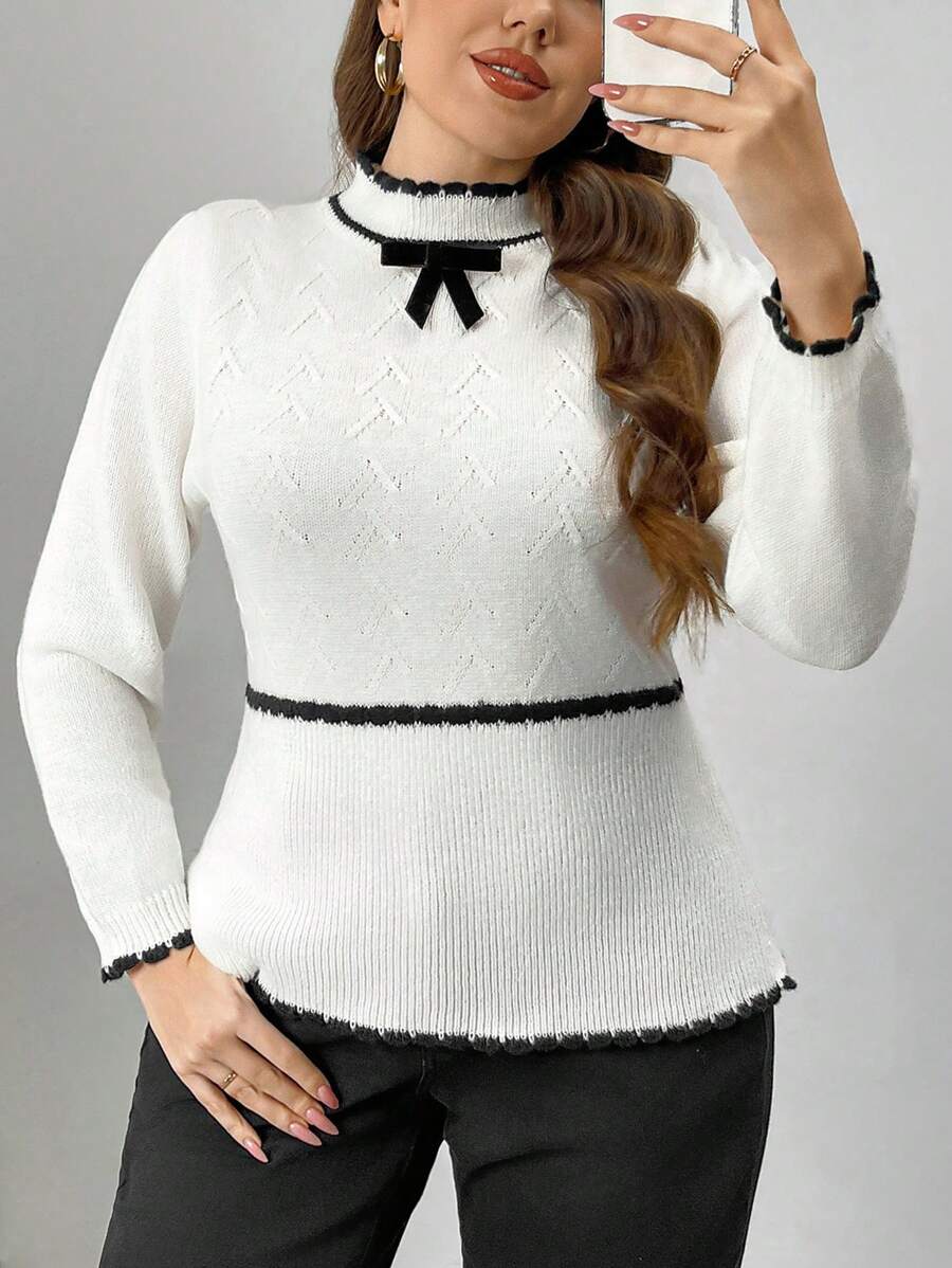 Flirla Plus Size Women's French Bow Decor Fitted Crew Neck Pullover Sweater Knit Pullover Fall Winter - Black and White - View 1