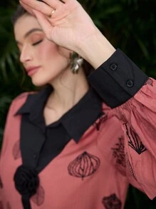 Al Najma 花卉印花高领纽扣拼布连衣裙 - 橘色 - 查看 3