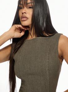 MISSGUIDED Belted Bodycon Denim Mini Dress Sleeveless Military Style Urban Fashion Casual Party Club Wear Form Fitting Stretch Spring Summer Fashion - Brown - View 5