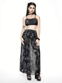 ROMWE Goth 3pcs/Set Women's Swimwear, Moon & Star Hand Painted Graphic Bikini Set With Bra & Swimming Brief & Long Cover-Up Skirt Swimwear, Summer Beach Vacation, Halloween - Black and White - View 5