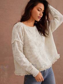 WESTFADE 宽松透视竹节针织蕾丝下摆牛仔毛衣 - 白色 - 查看 4