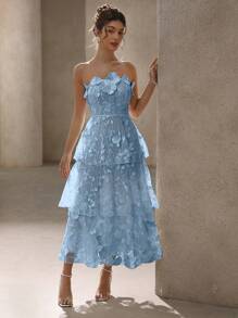 Aveloria Rosie Váy dự tiệc hoa 3D trơn màu thanh lịch không dây, phong cách cao cấp, phù hợp cho mùa xuân và mùa hè, ngày lễ tình nhân - Màu xanh lam - Xem 6