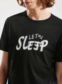 Men's Letter Print Crew Neck Short Sleeve Pajama Top - Black - View 4