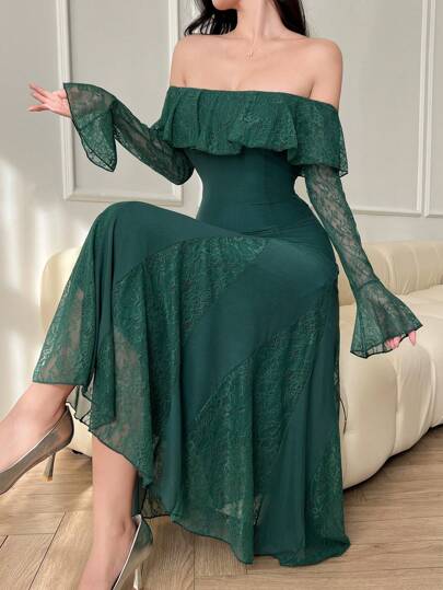 DAZY 女士优雅纯色蕾丝拼接露肩喇叭袖连衣裙优雅荷叶边