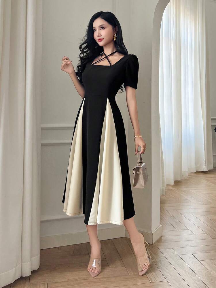 Color Block Criss-Cross Halter Flared Sleeve Mid-Calf Women Dress Prom Dress Elegant Sundress