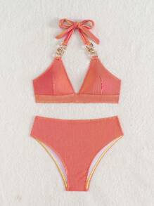 SHEIN Slayr Ombre Color 2pcs Women Halter Tie Neck Chain Bikini Set, Beachwear Summer - Coral Pink - View 6