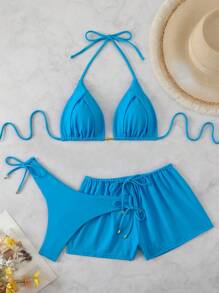 SHEIN Swim Frauen Frühlingsfest Einfarbig Träger Top ohne Bügel, Binden Bikinishorts & Badeshorts 3-teiliges Festival Boho Bademode Set, Sommer Urlaub Sport - Blau - Übersicht 8