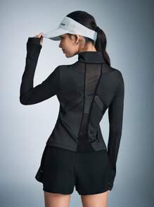 Mesh Splice Sheer Windbreaker, Slim Fit Sports Jacket - Black - View 2