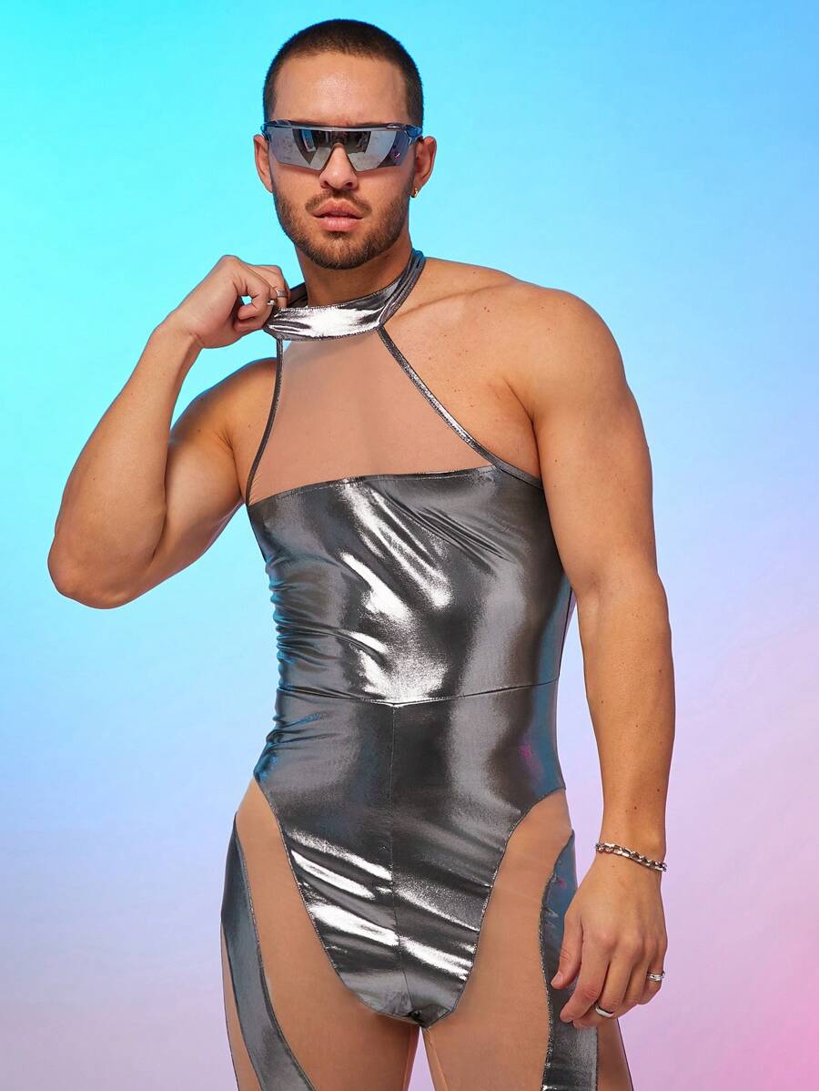 FeverCity Men's Ice Silk Embossed + Mesh Jumpsuit & Bib Pants - Multicolor - View 1