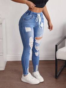 SHEIN Essnce Washed Ripped Slim Fit Casual Denim Jeans - Blue - View 2