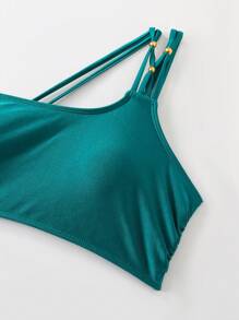 Women Shiny Fabric Bikini Swimwear Set, Elegant One Shoulder High Waist Braided & Beaded Embellished Casual Beach Holiday Swimwear For Summer Beach Vacation - Dark Green - View 8