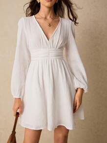 Poéselle Women Solid Color V-Neck Lantern Sleeve Ruched Waist Dress
